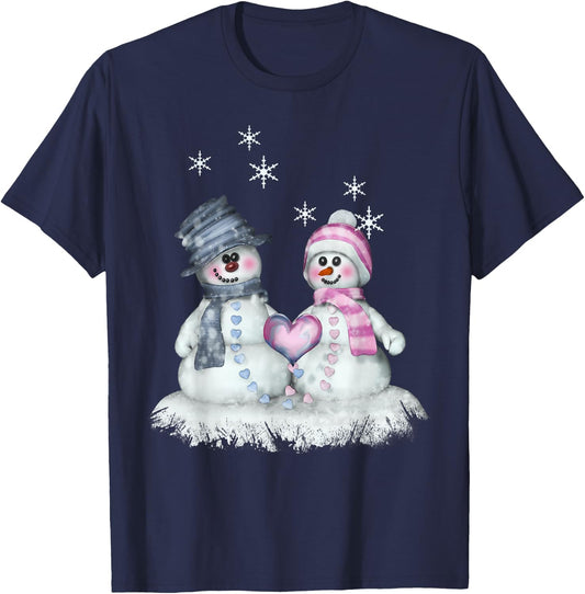 Snowman & Snowwoman with Heart Winter Motif T-Shirt - T-Shirt | Navy