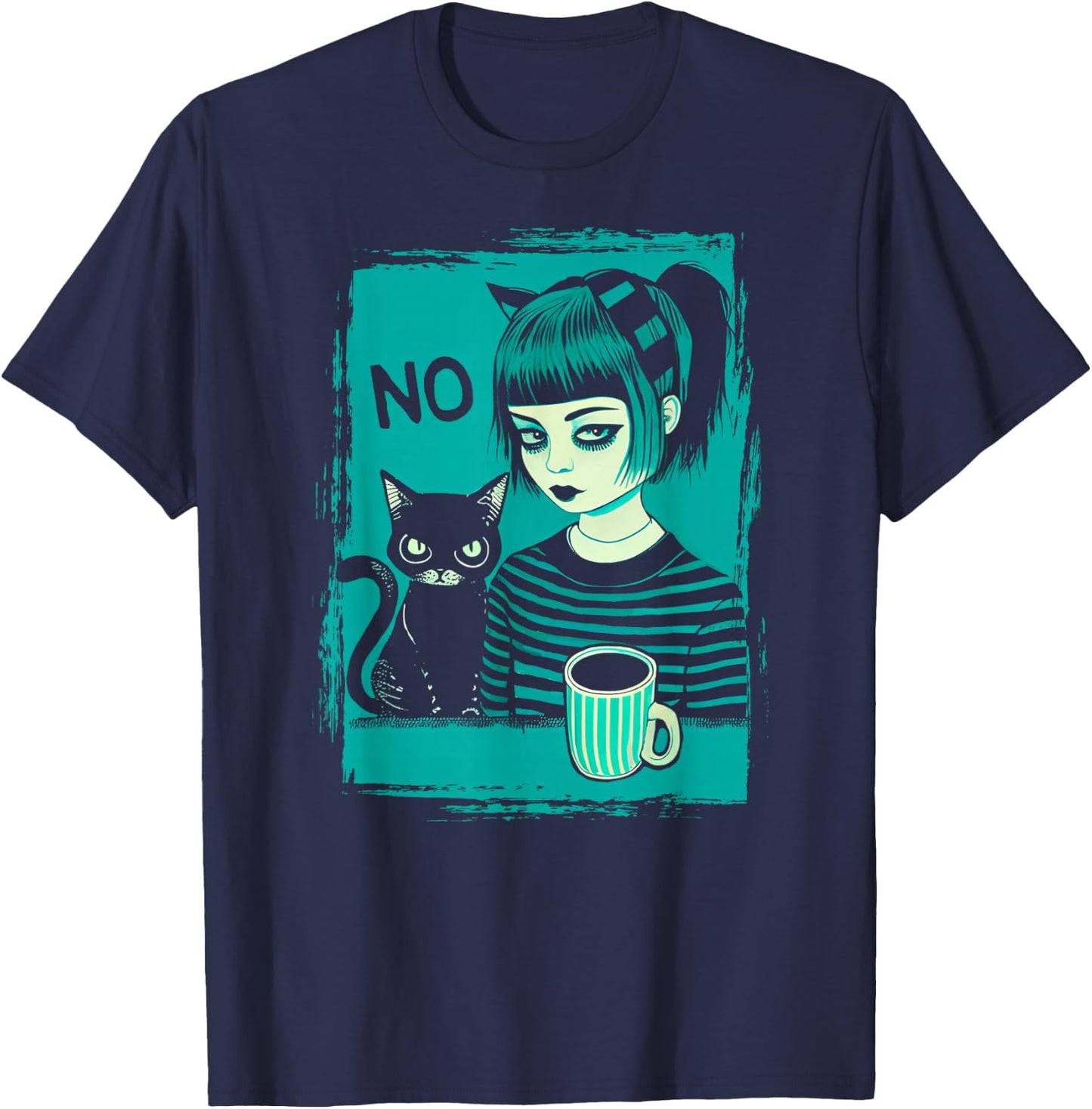Dark At Heart Punk Goth Girl Says No With Cat And Coffee T-Shirt - T-Shirt | Navy