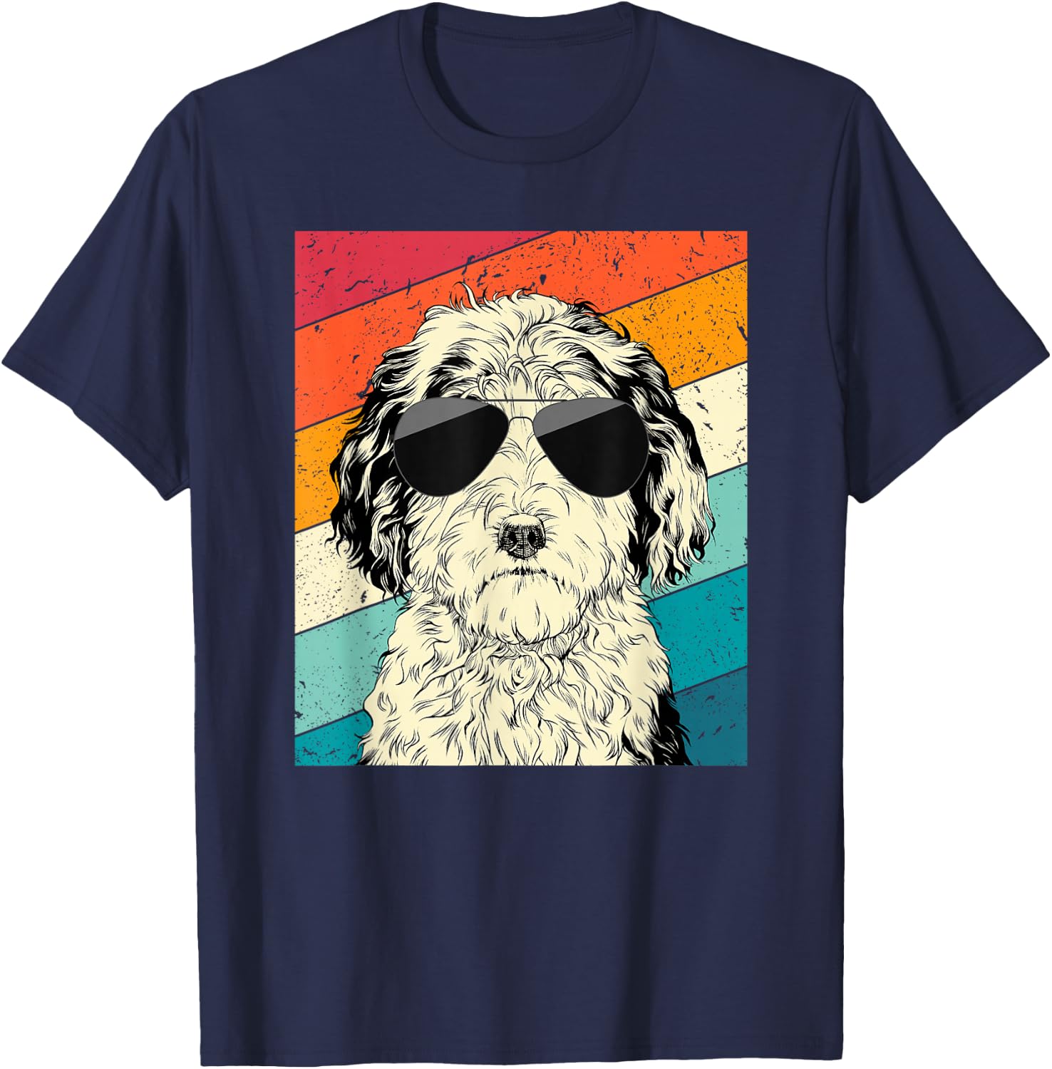 Retro Vintage Sheepadoodle with Sunglasses Doodle Dog Lovers T-Shirt - T-Shirt | Navy