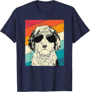Retro Vintage Sheepadoodle with Sunglasses Doodle Dog Lovers T-Shirt - T-Shirt | Navy