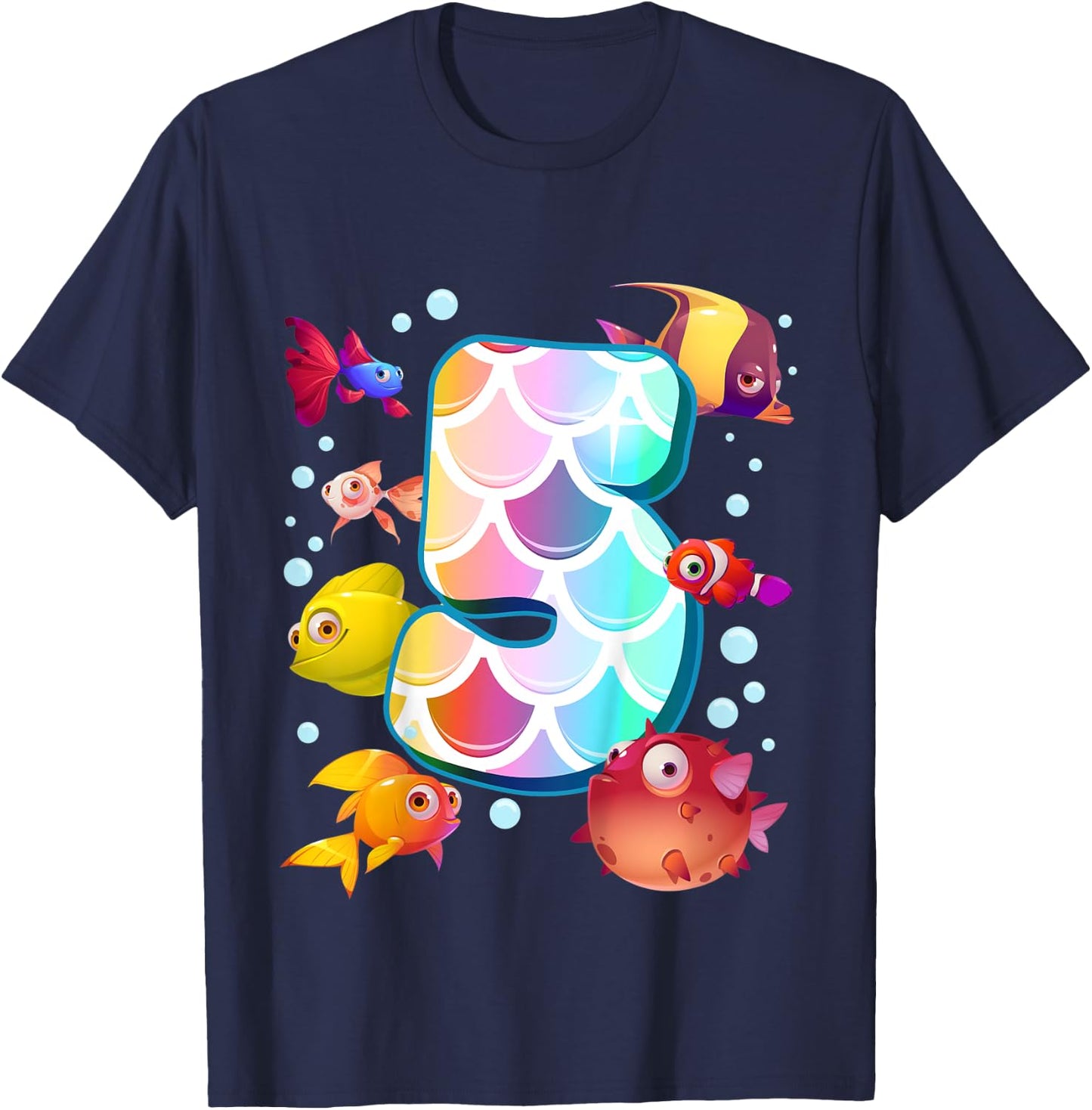 Kids 5th Birthday Rainbow Fish Tetra Popper Fish T-Shirt - T-Shirt | Navy