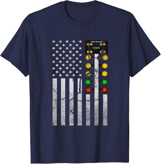 Drag Racing Flag American Drag Racer Drag Strip Tree Light T-Shirt - T-Shirt | Navy