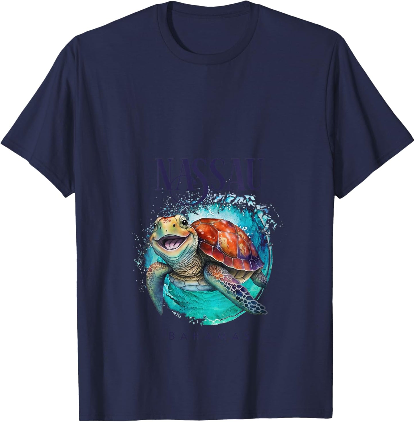 Nassau Bahamas Watercolor Happy Sea Turtle V-Neck T-Shirt - T-Shirt | Navy