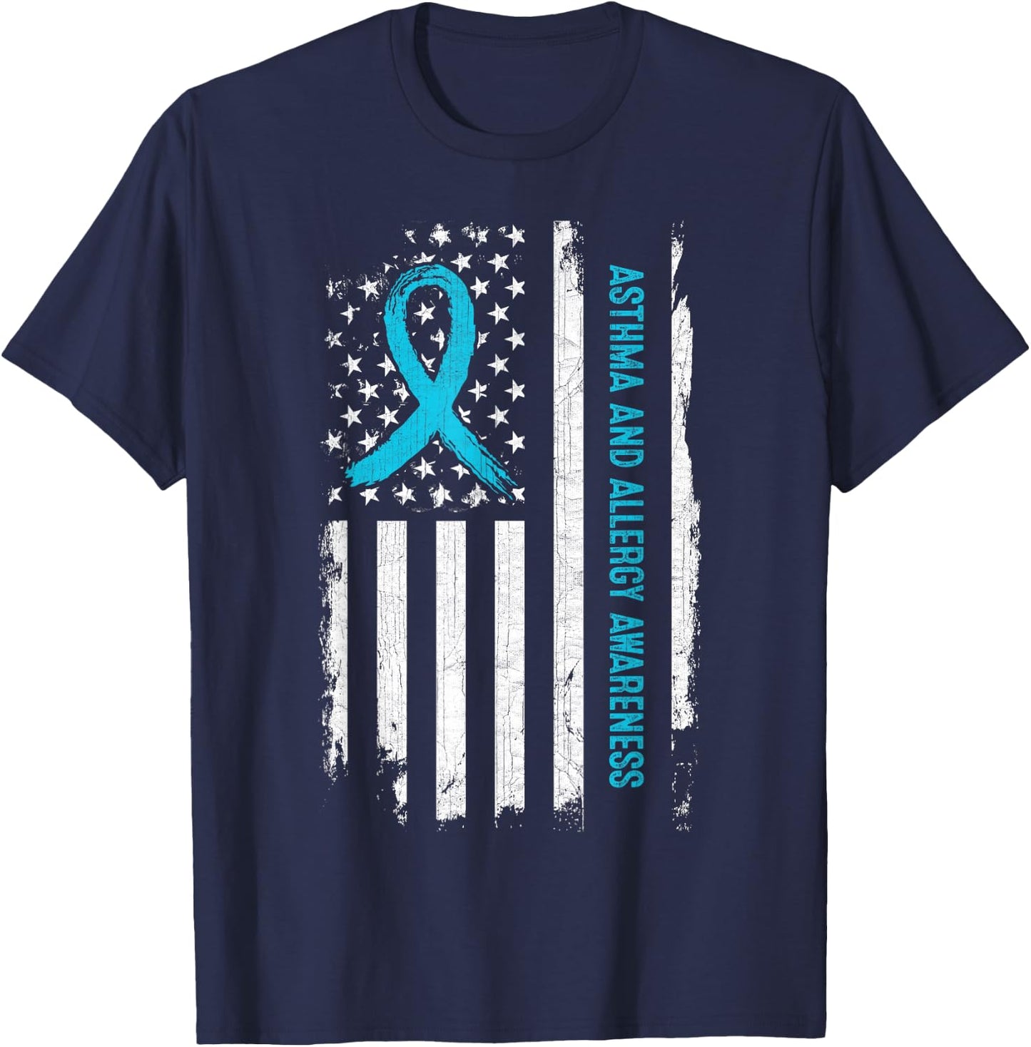 Asthma and Allergy Awareness American Flag Light Blue Ribbon Men T-Shirt - T-Shirt | Navy