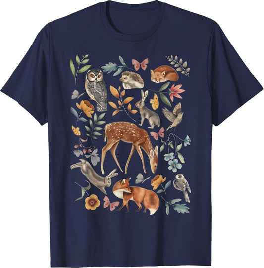Cute Cottagecore Aesthetic Forest Animals Wildflower T-Shirt - T-Shirt | Navy