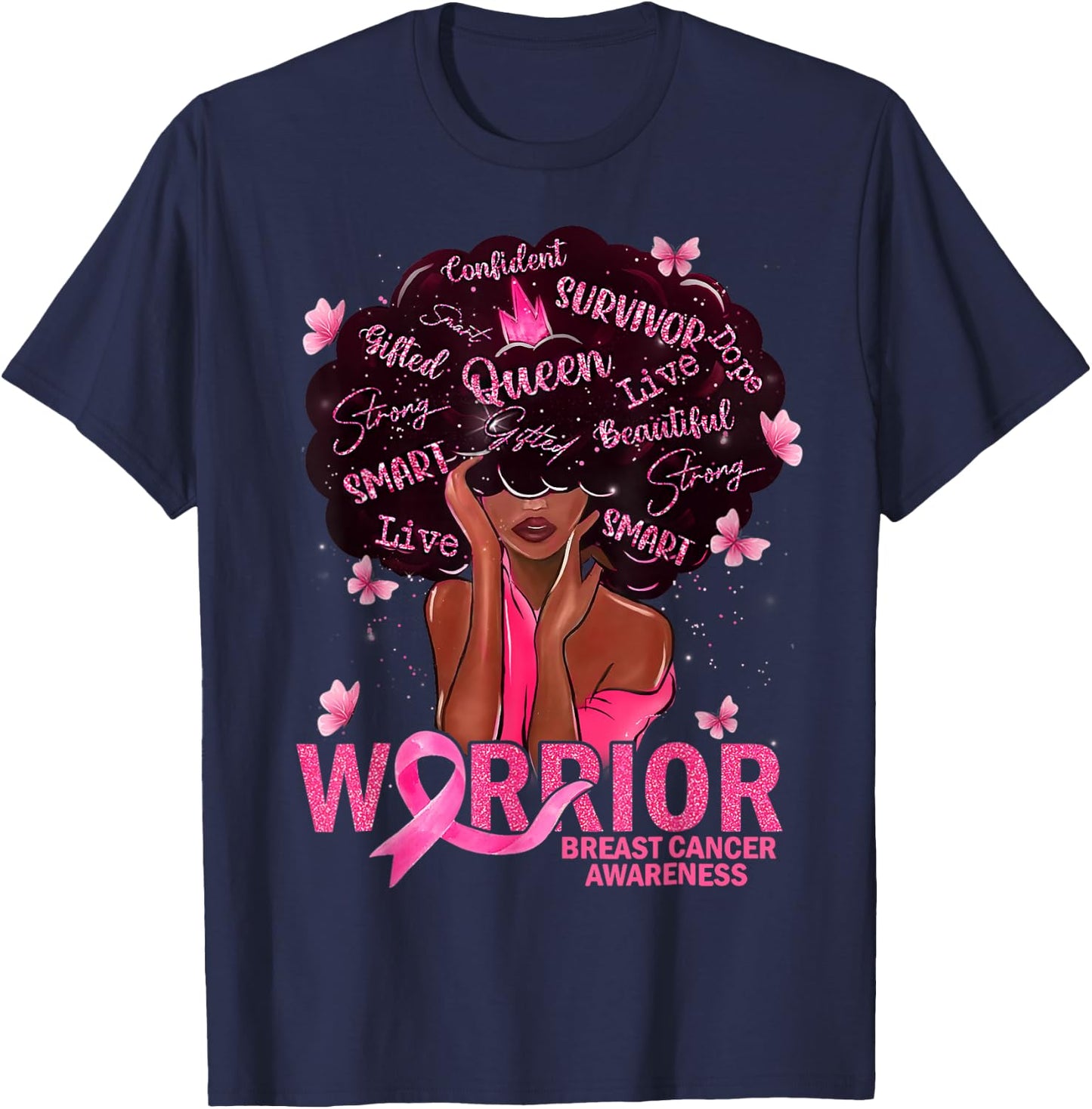 American African Black Women Queen Breast Cancer Warrior T-Shirt - T-Shirt | Navy