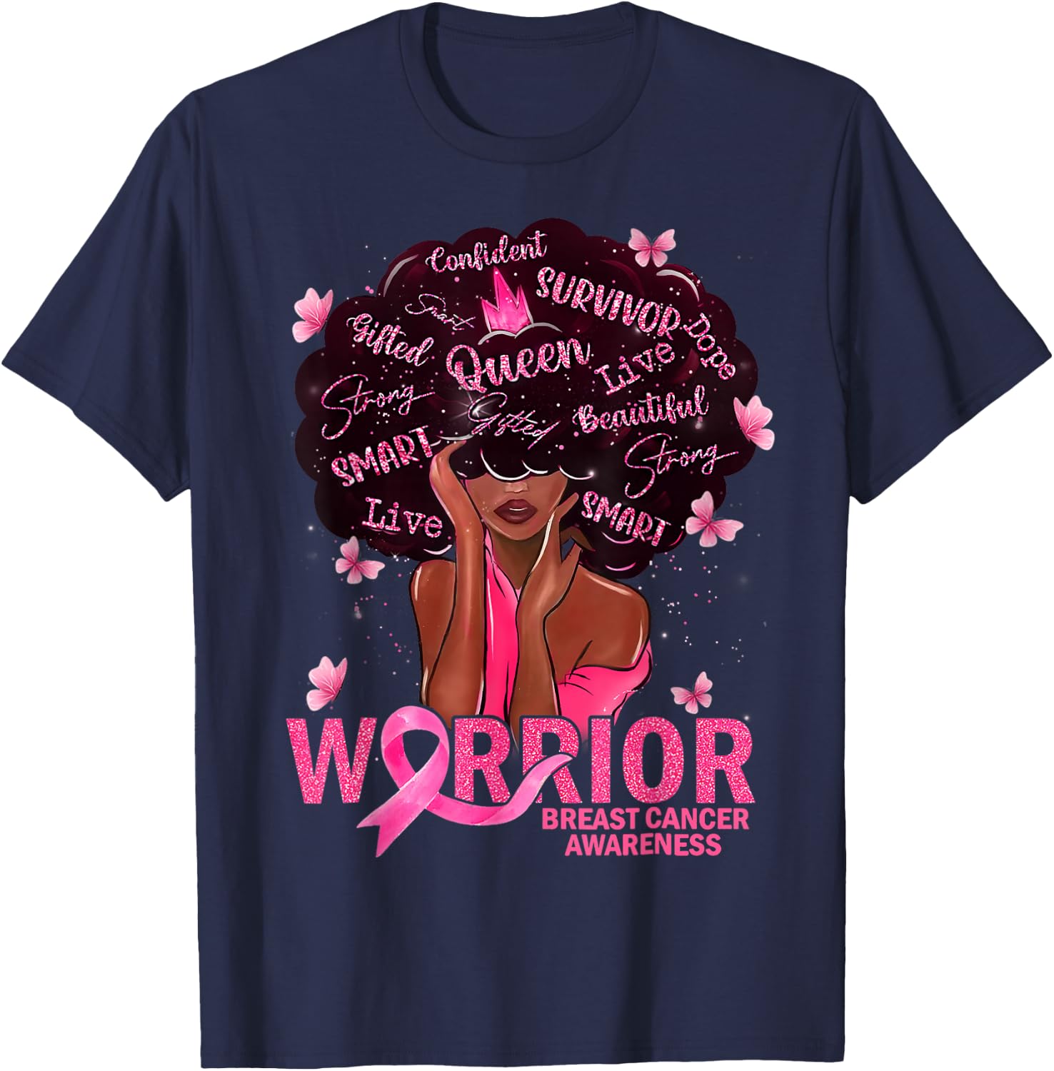 American African Black Women Queen Breast Cancer Warrior T-Shirt - T-Shirt | Navy