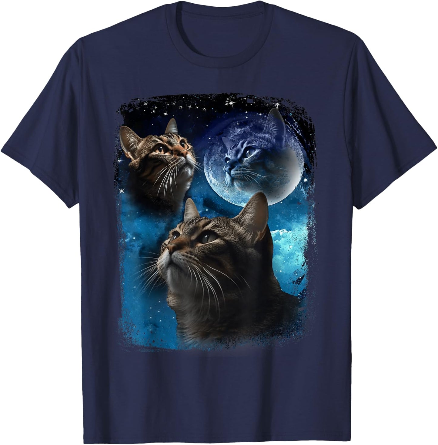 Cats Howl at Moon Funny Vintage Three Cat Howling Wolf Meme T-Shirt - T-Shirt | Navy