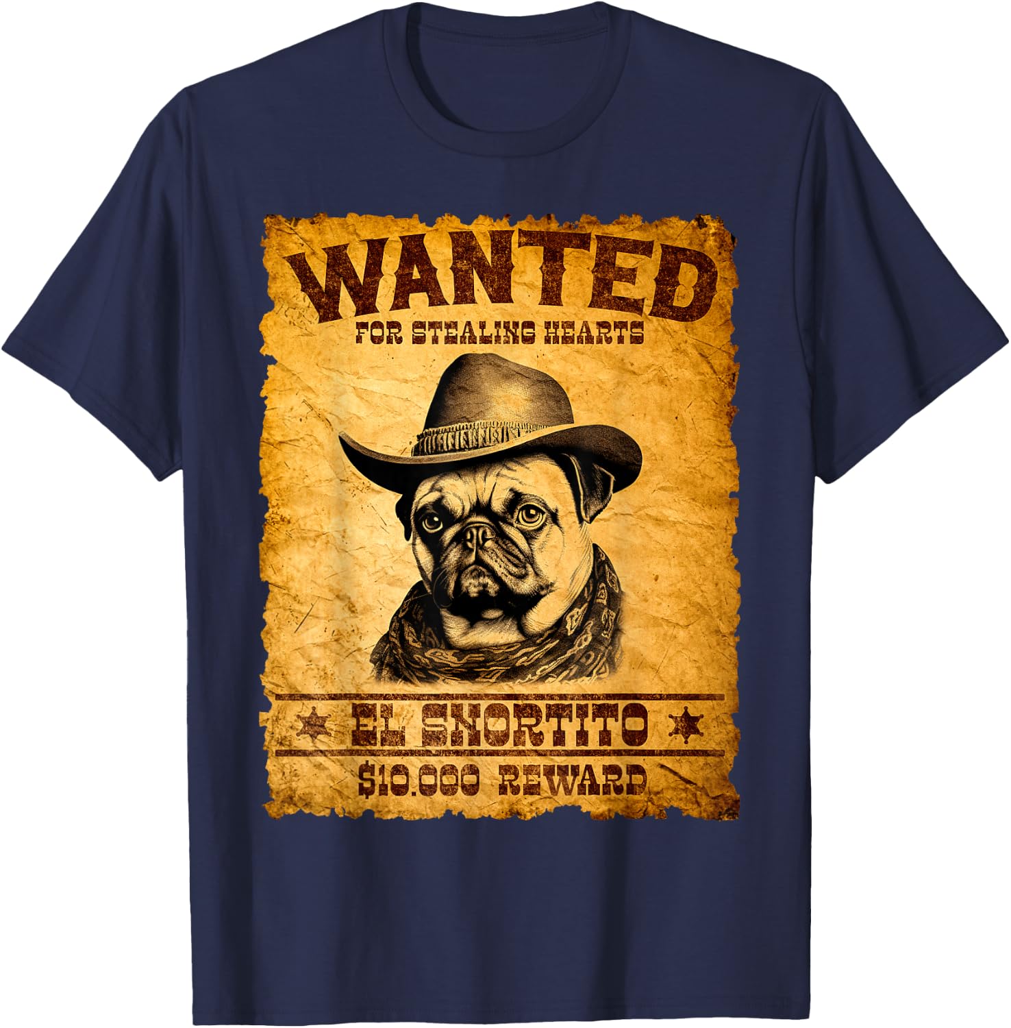 Funny Vintage Pug Wanted Poster Cute Western Cowboy Pug Dog T-Shirt - T-Shirt | Navy