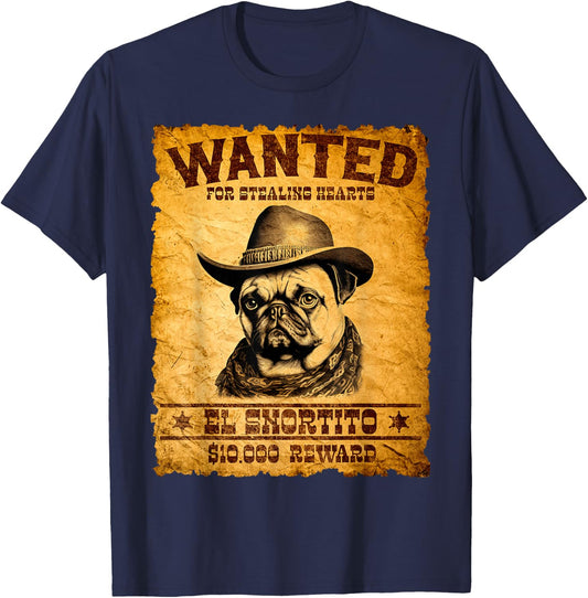 Funny Vintage Pug Wanted Poster Cute Western Cowboy Pug Dog T-Shirt - T-Shirt | Navy