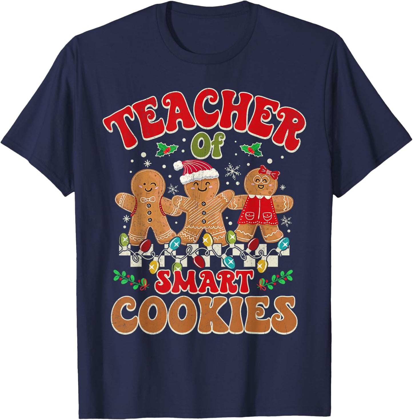 Groovy Retro Christmas Teacher Cute Gingerbread Cookies T-Shirt - T-Shirt | Navy