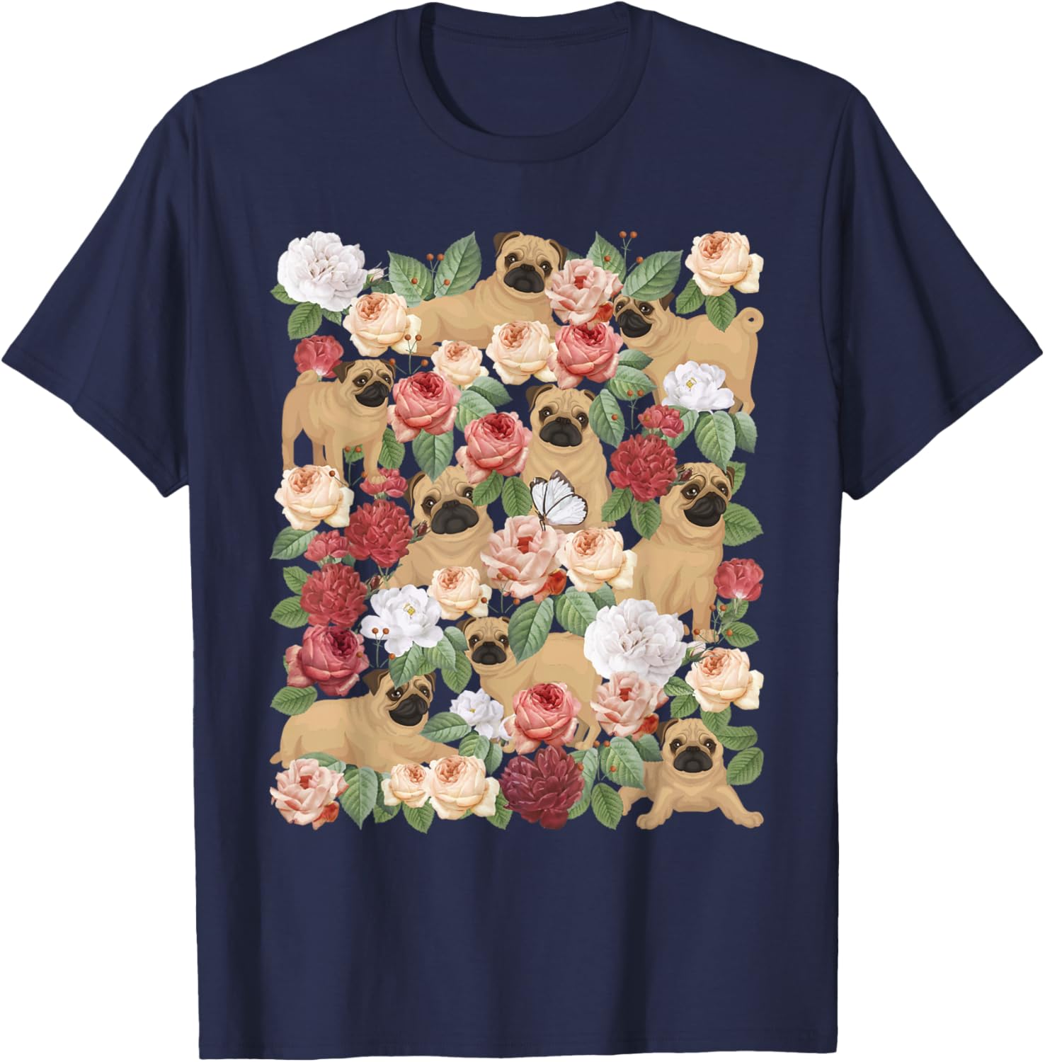 Botanical Black Pug Garden - Floral Dog Owner Pet Lover T-Shirt - T-Shirt | Navy