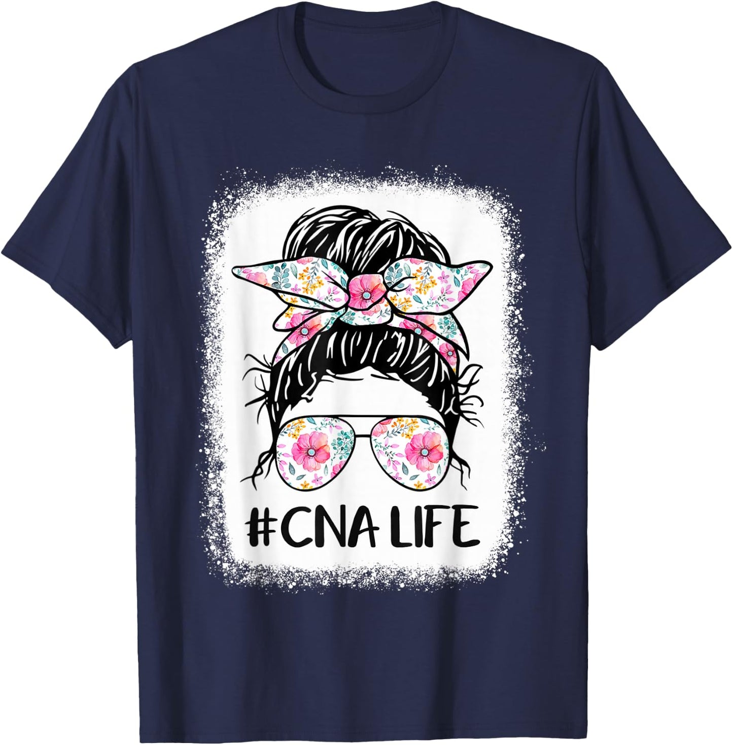 CNA Life Bleached Shirts Flower Messy Bun CnaLife T-Shirt - T-Shirt | Navy