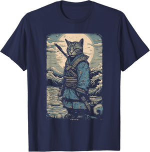 Vintage Samurai Cat Japanese Ninja Art Japan Anime Graphic Women Kids T-Shirt - T-Shirt | Navy
