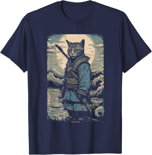 Vintage Samurai Cat Japanese Ninja Art Japan Anime Graphic Women Kids T-Shirt - T-Shirt | Navy