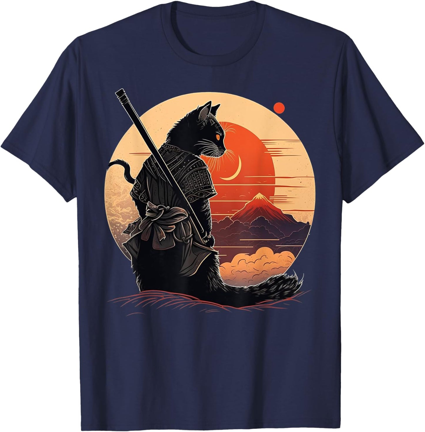 Vintage Japanese Sunset Style and samurai cat Kitten Lover Men Women Kids T-Shirt - T-Shirt | Navy