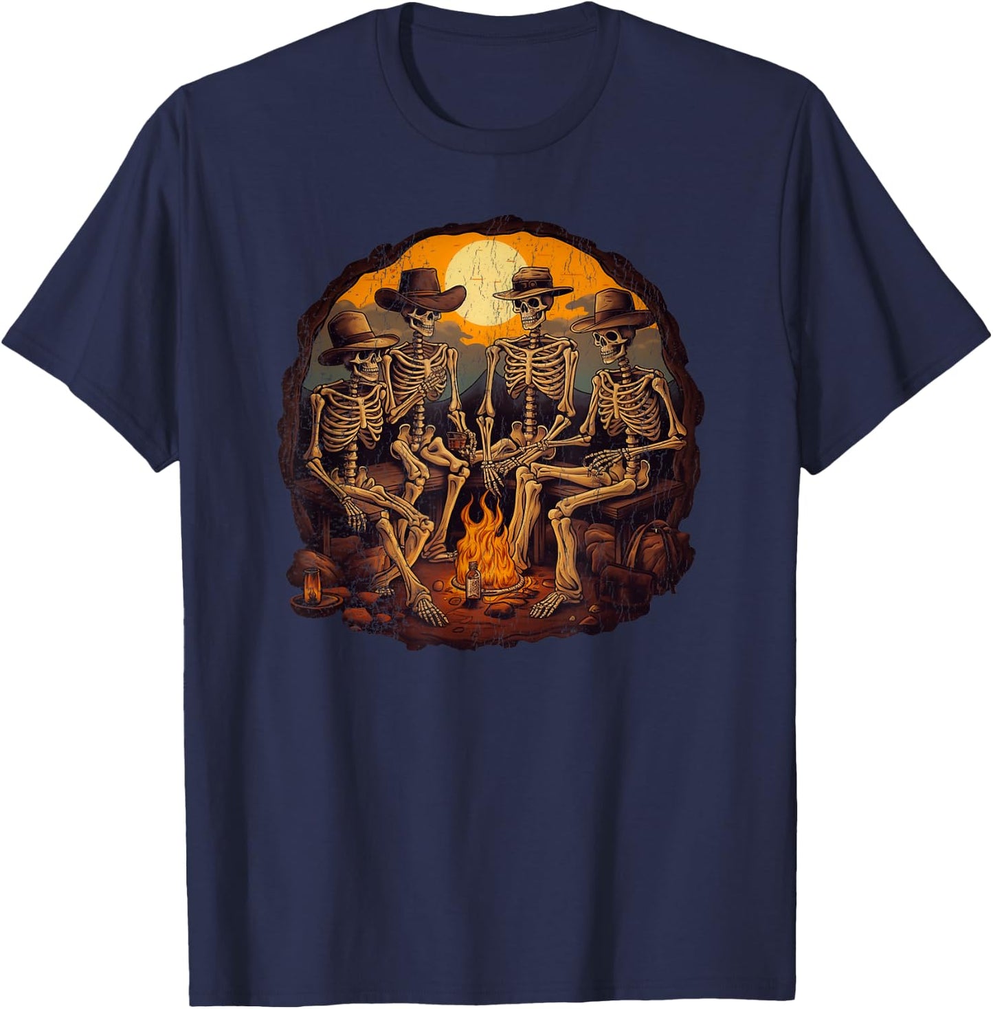 Cowboy skeletons sitting on the fire retro distress T-Shirt - T-Shirt | Navy