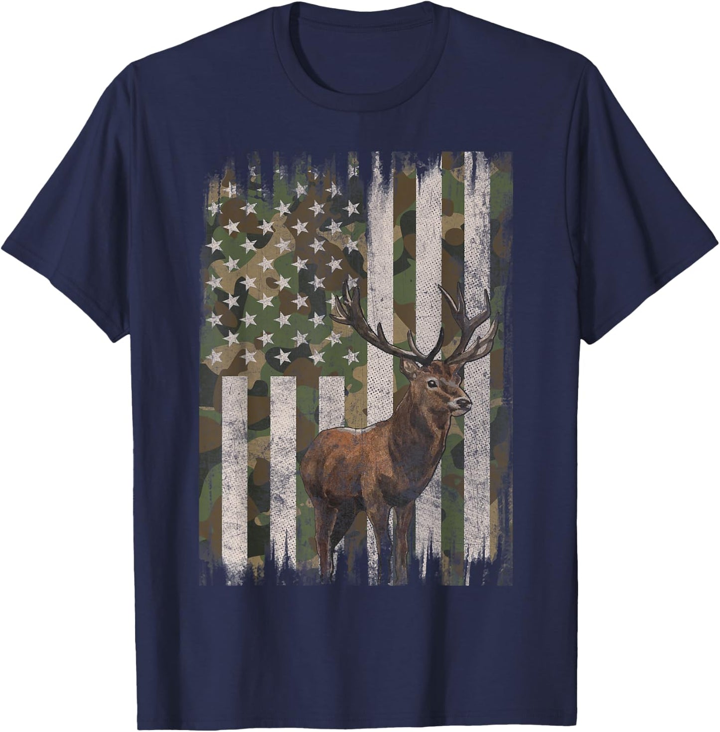 Deer Hunting Whitetail Camo American US Flag Elk Buck T-Shirt - T-Shirt | Navy