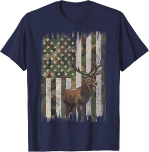 Deer Hunting Whitetail Camo American US Flag Elk Buck T-Shirt - T-Shirt | Navy