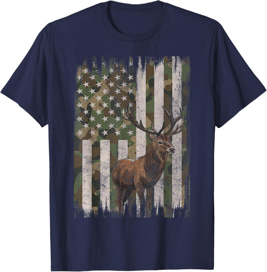 Deer Hunting Whitetail Camo American US Flag Elk Buck T-Shirt - T-Shirt | Navy