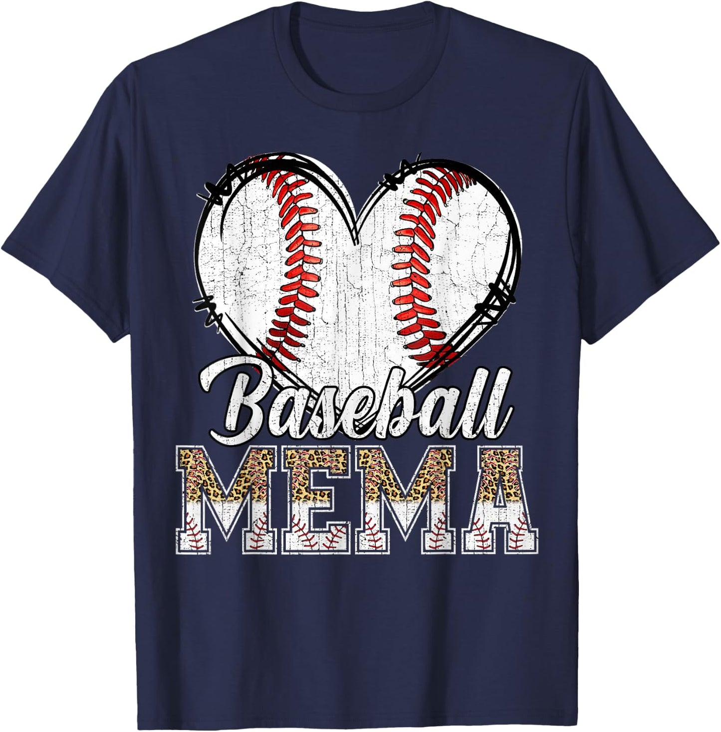 Softball Baseball Mema Heart Leopard Print Mother's Day T-Shirt - T-Shirt | Navy
