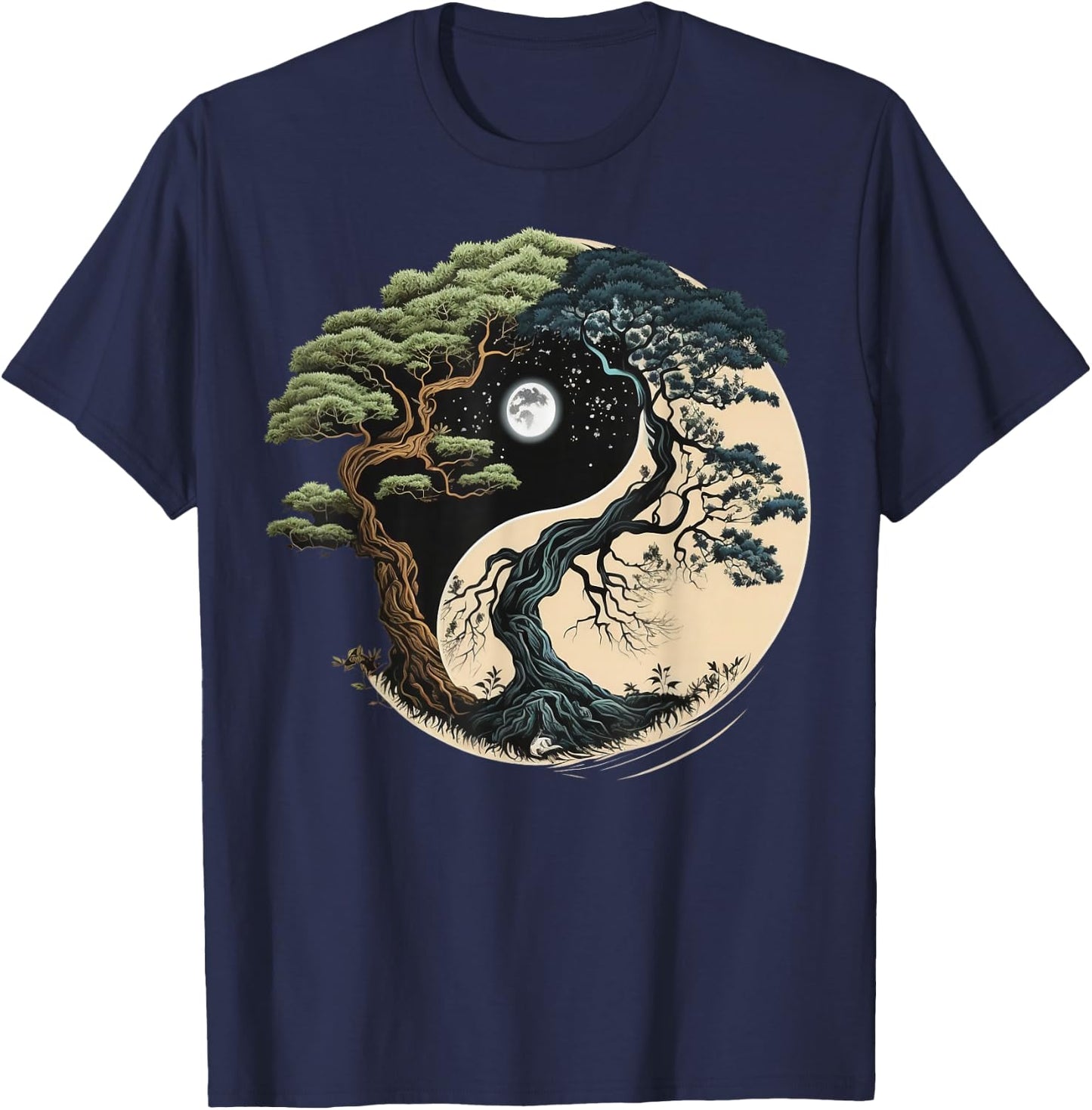 Yin Yang Tree of Life on Buddhist Bonsai Tree T-Shirt - T-Shirt | Navy