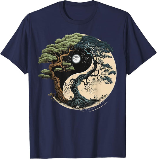 Yin Yang Tree of Life on Buddhist Bonsai Tree T-Shirt - T-Shirt | Navy