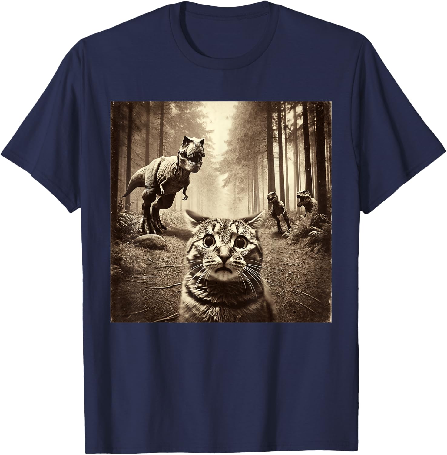 Funny Last Selfie Of Cat Before T-Rex Attack Hilarious Cat T-Shirt - T-Shirt | Navy