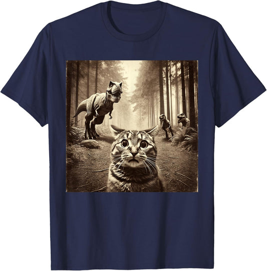 Funny Last Selfie Of Cat Before T-Rex Attack Hilarious Cat T-Shirt - T-Shirt | Navy