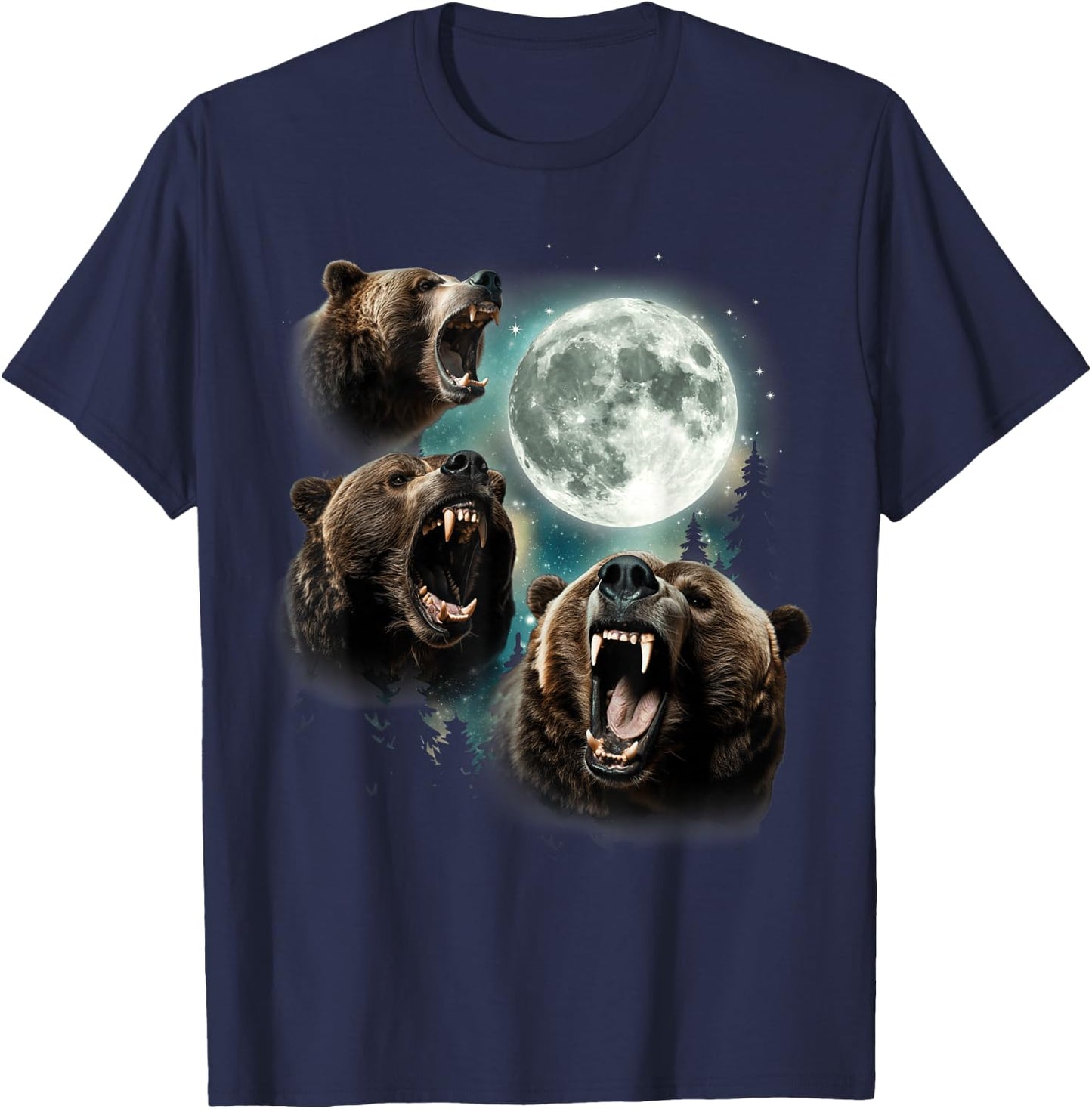 Three Grizzly Bears Howl At Moon Starry Mountain Forest Bear T-Shirt - T-Shirt | Navy