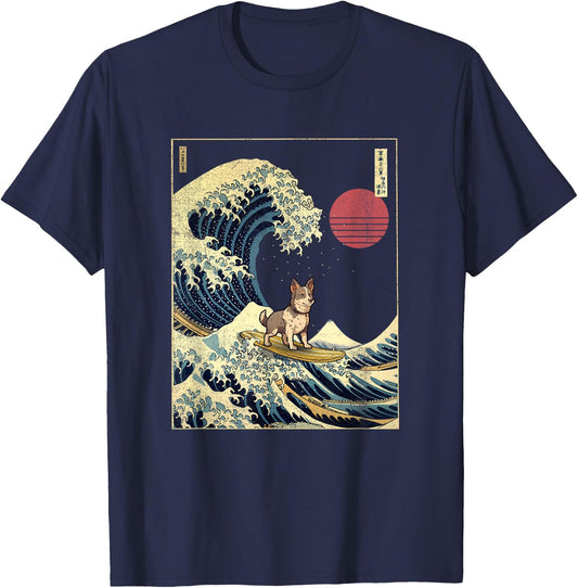 Texas Heeler Japanese Kanagawa Wave Funny Surf Dog Men Women Girls Kids T-Shirt - T-Shirt | Navy
