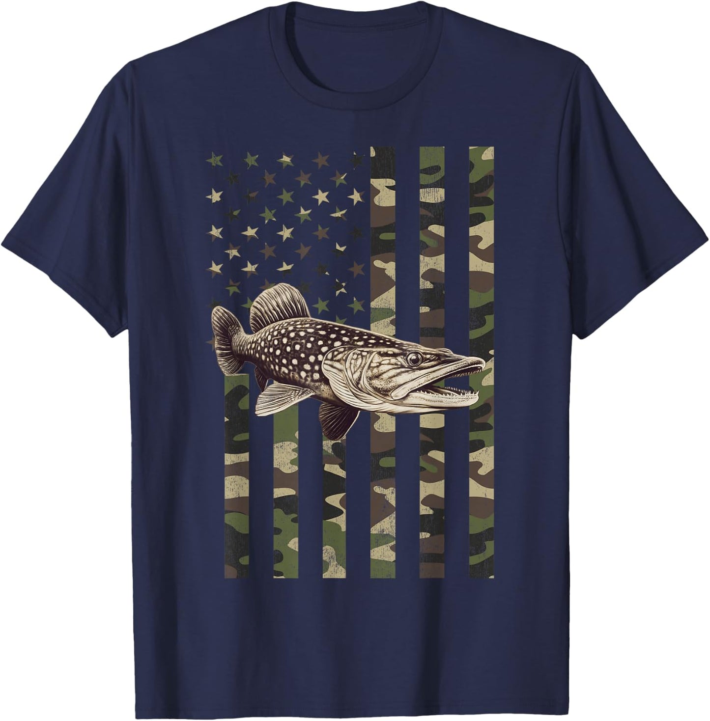 Northern Pike with Camo American Flag, Northern Pike T-Shirt - T-Shirt | Navy