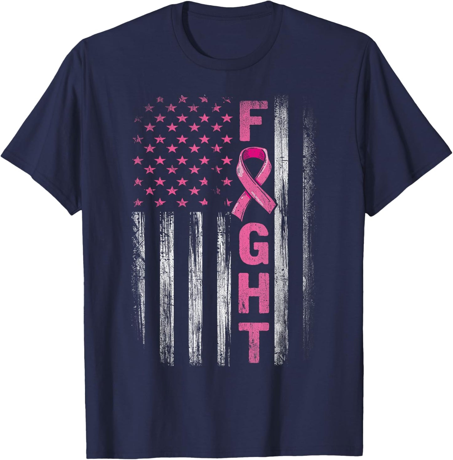 Fight Breast Survivor American Flag Breast Cancer Awareness T-Shirt - T-Shirt | Navy