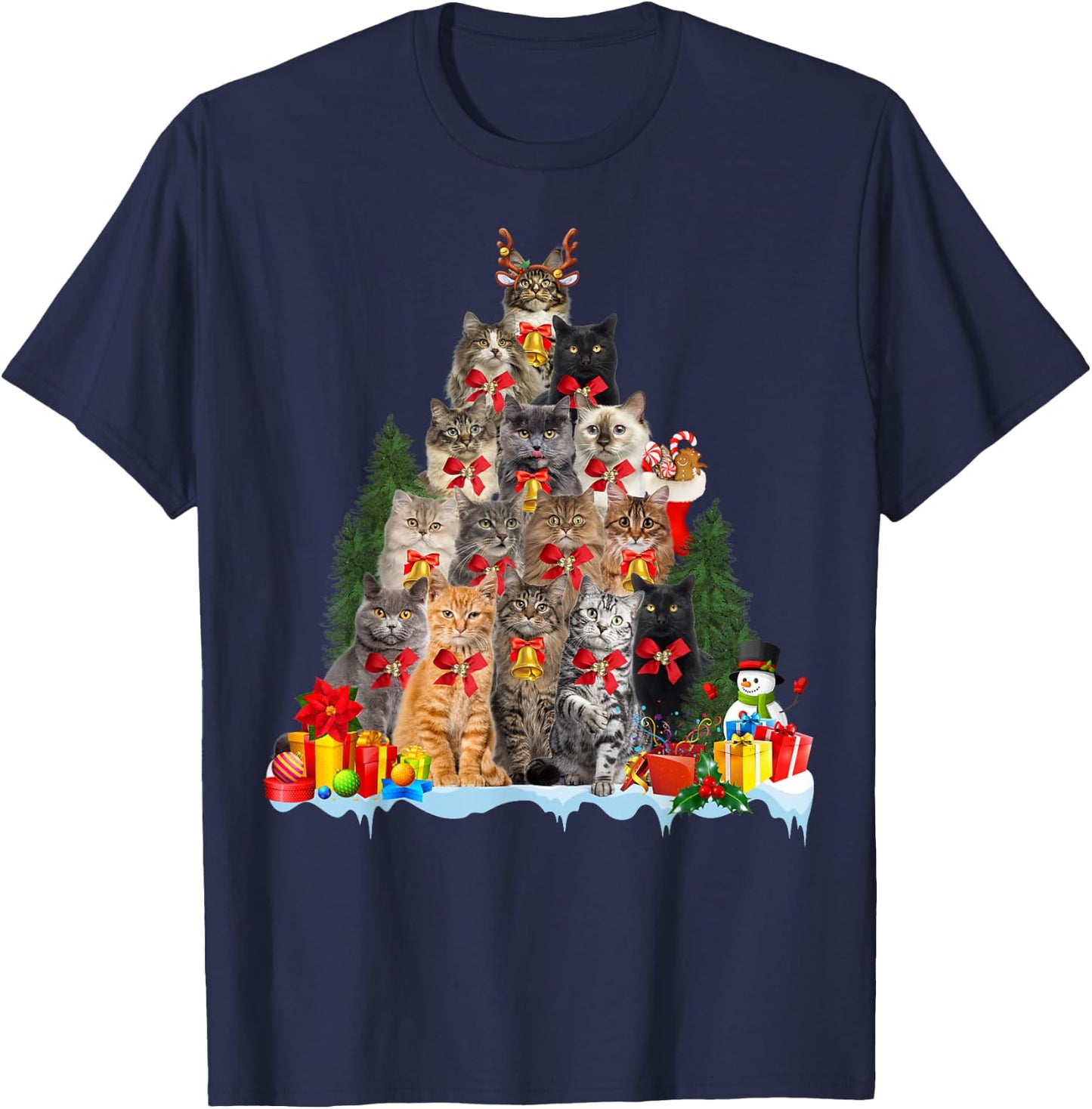 Christmas Pajama Cat Xmas Tree Ornament Cat Lover, Cat Mom T-Shirt - T-Shirt | Navy
