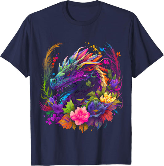 Watercolor Dragon Flowers Beautiful Art Colorful Graphic T-Shirt - T-Shirt | Navy
