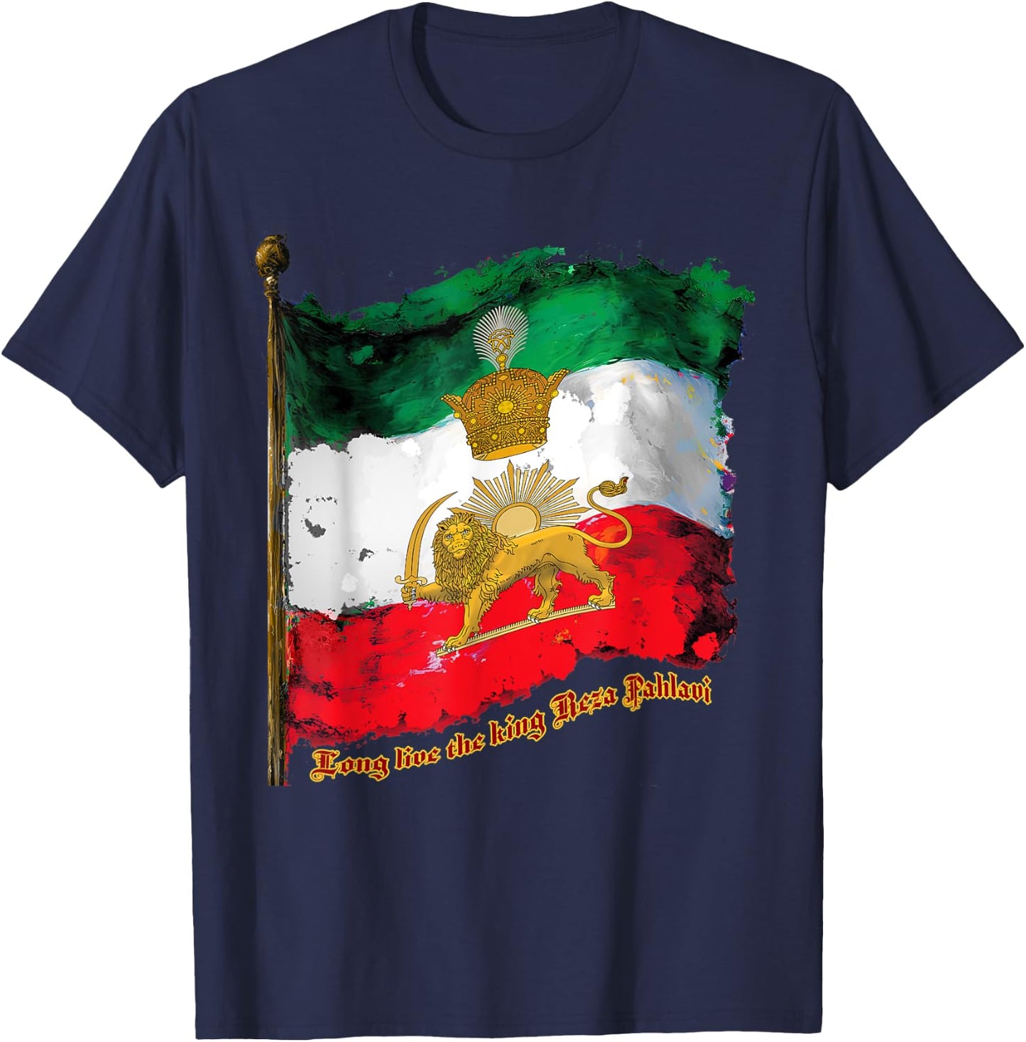 Irans Flag with Pahlavi Crown shir va khorshyid T-Shirt - T-Shirt | Navy