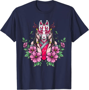Woman with kitsune mask Nine Tailed Fox T-Shirt - T-Shirt | Navy
