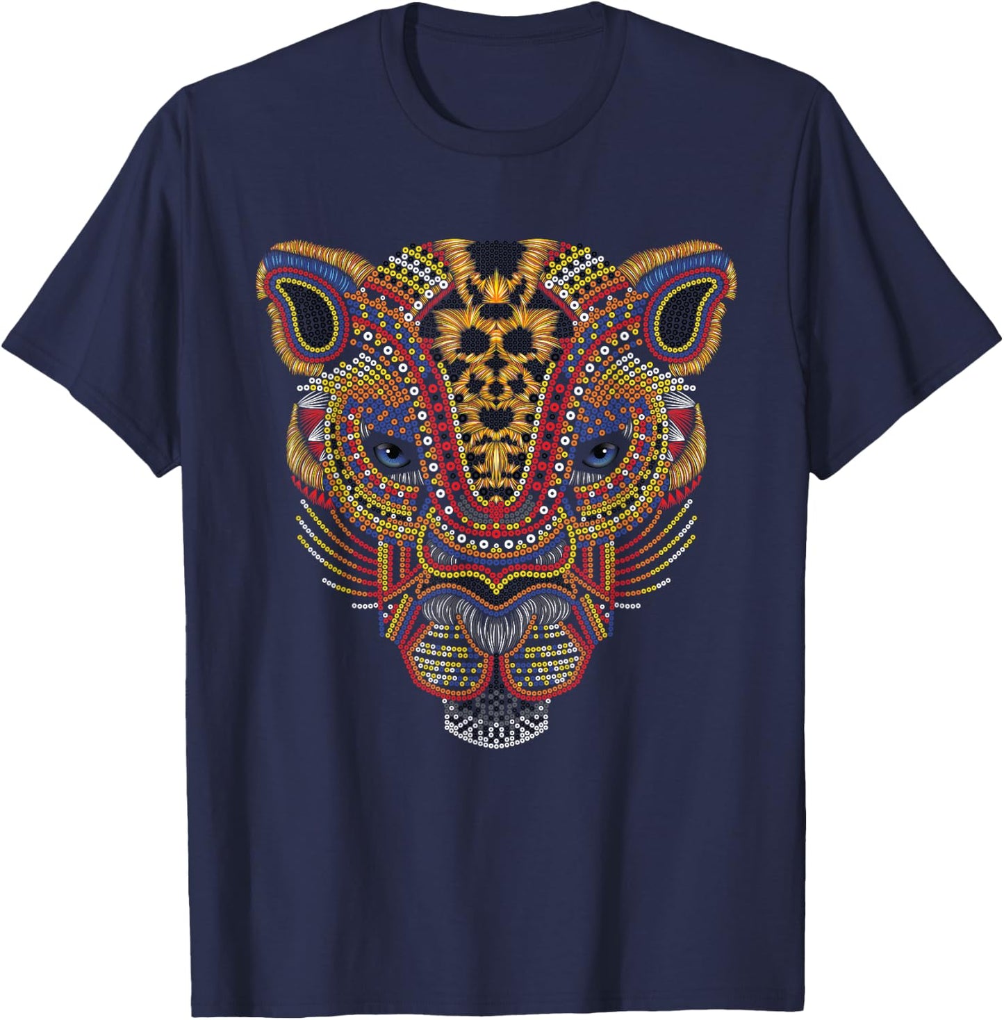 Jaguar head art huichol face mexico Aztec Mayas for big cats T-Shirt - T-Shirt | Navy