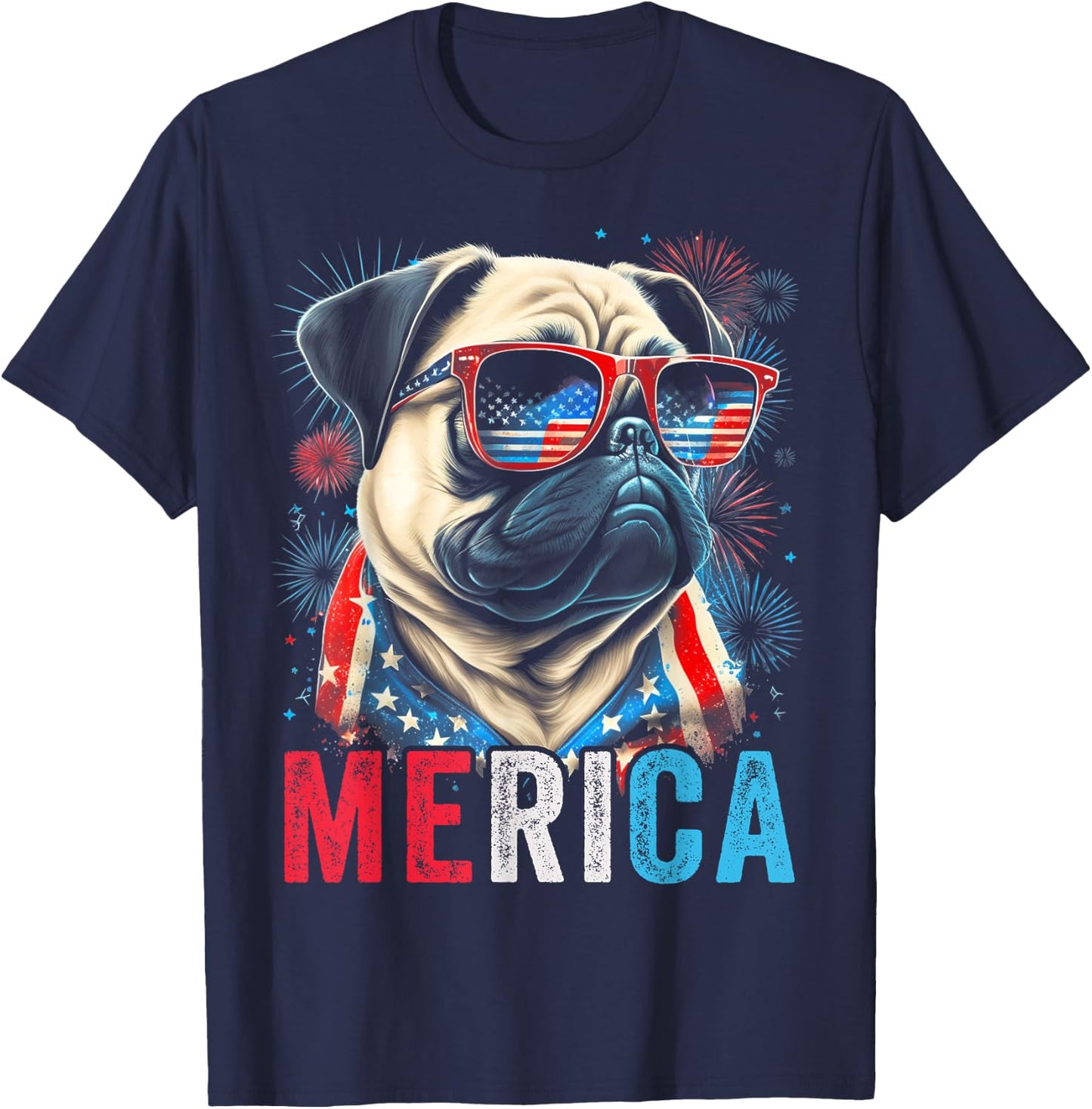 Pug Dog 4th of July American Flag America USA Merica Funny Kids Men T-Shirt - T-Shirt | Navy