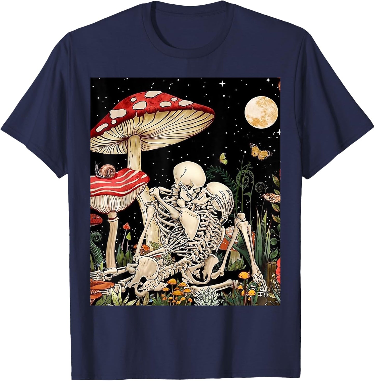 Boho Mushroom Retro Skeleton Couple Vintage Kiss Witchy Moth T-Shirt - T-Shirt | Navy