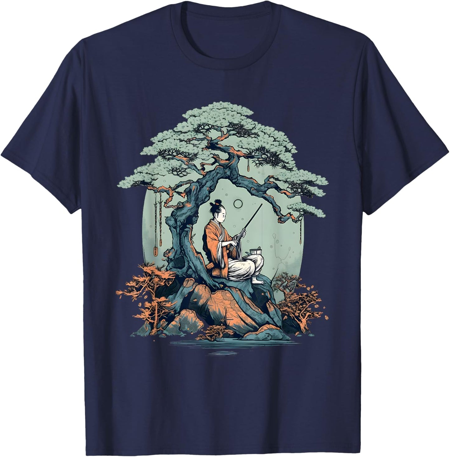 Relaxing Samurai Bonsai Tree T-Shirt - T-Shirt | Navy