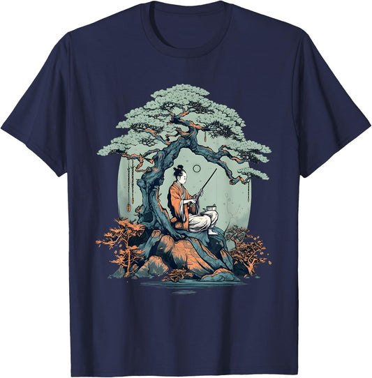 Relaxing Samurai Bonsai Tree T-Shirt - T-Shirt | Navy