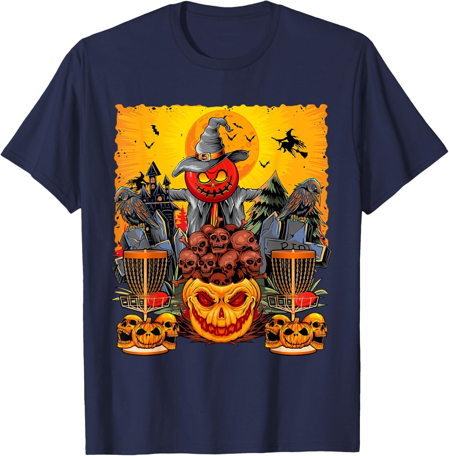 Disc Golf Faces Halloween Skulls Horror Pumpkins Player T-Shirt - T-Shirt | Navy