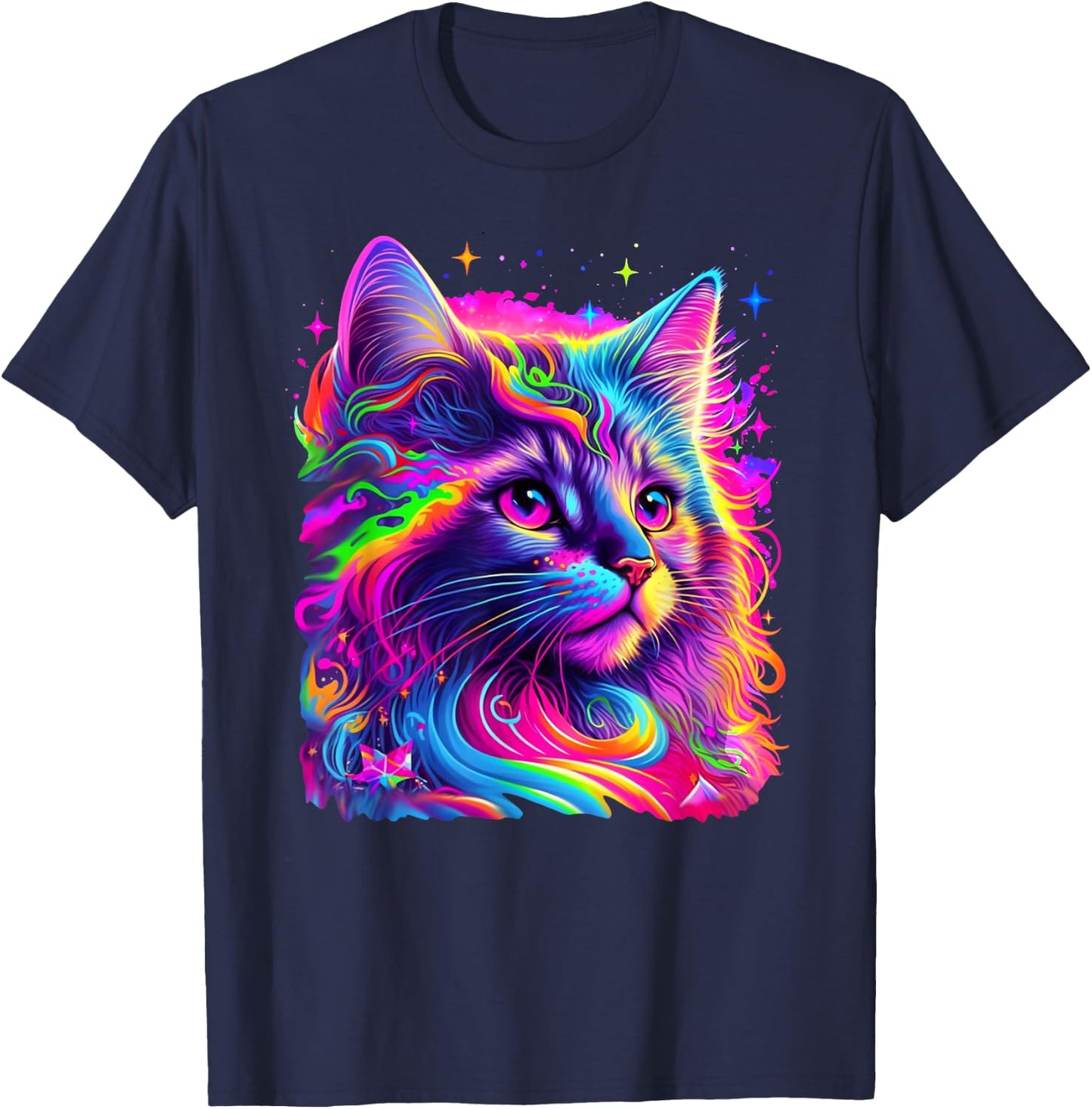 Colorful Rainbow Cat Graphic T-Shirt - T-Shirt | Navy