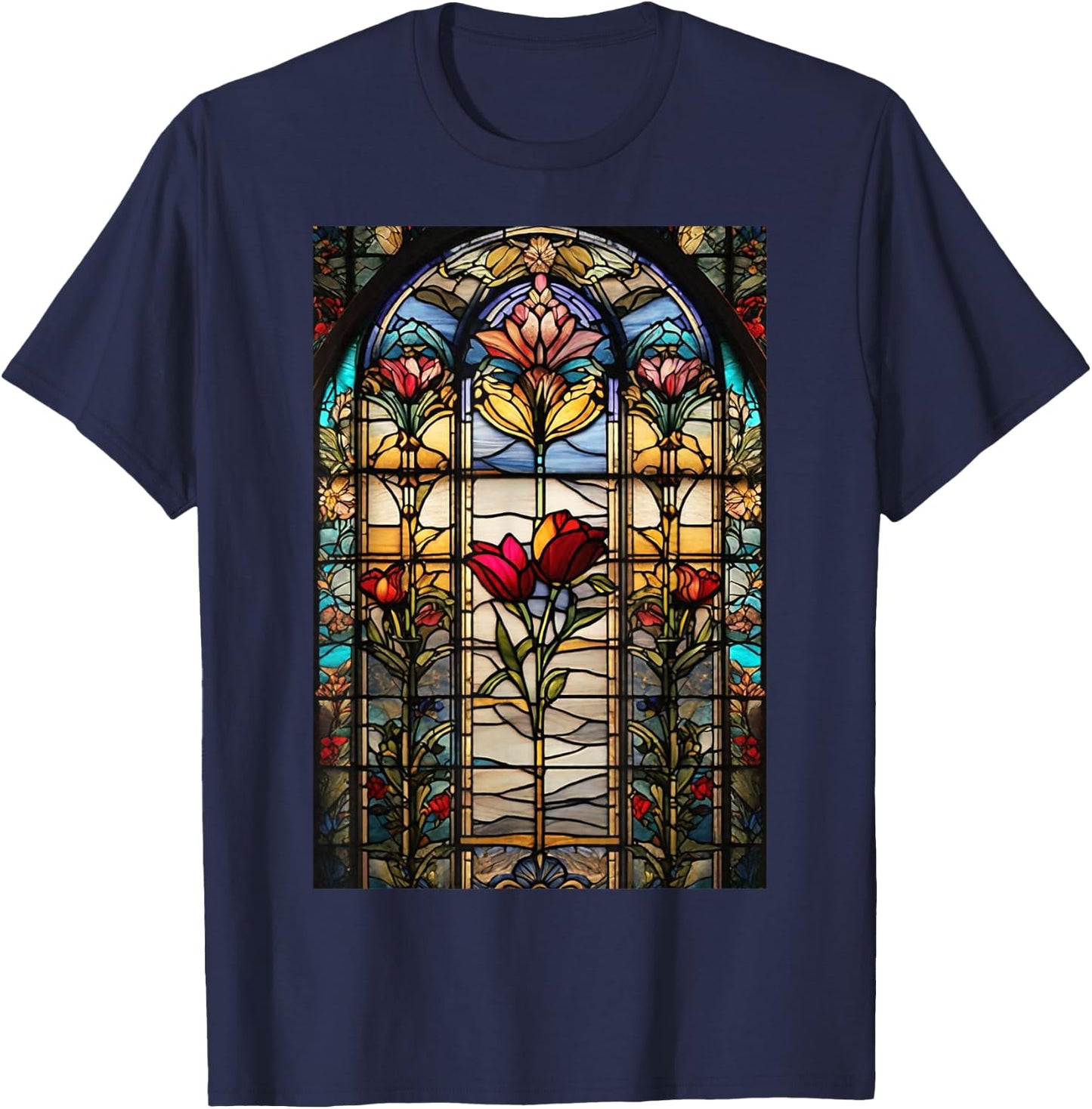 Stained-Glass Style Floral Art Flowers Surreal Print T-Shirt - T-Shirt | Navy