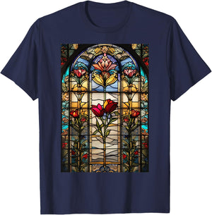 Stained-Glass Style Floral Art Flowers Surreal Print T-Shirt - T-Shirt | Navy