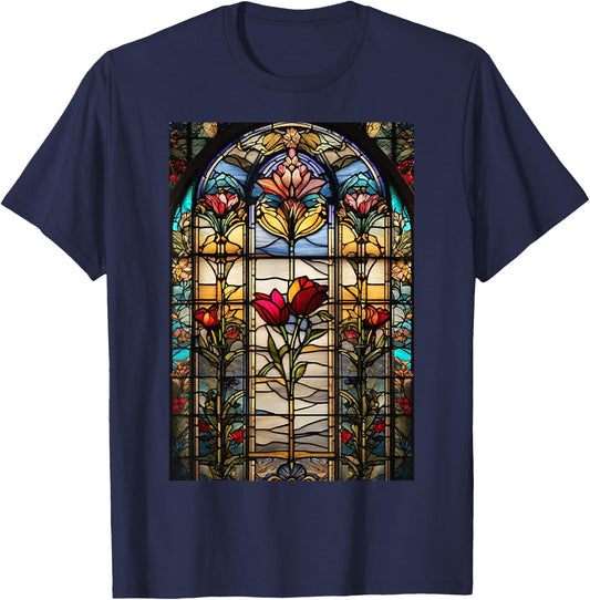 Stained-Glass Style Floral Art Flowers Surreal Print T-Shirt - T-Shirt | Navy