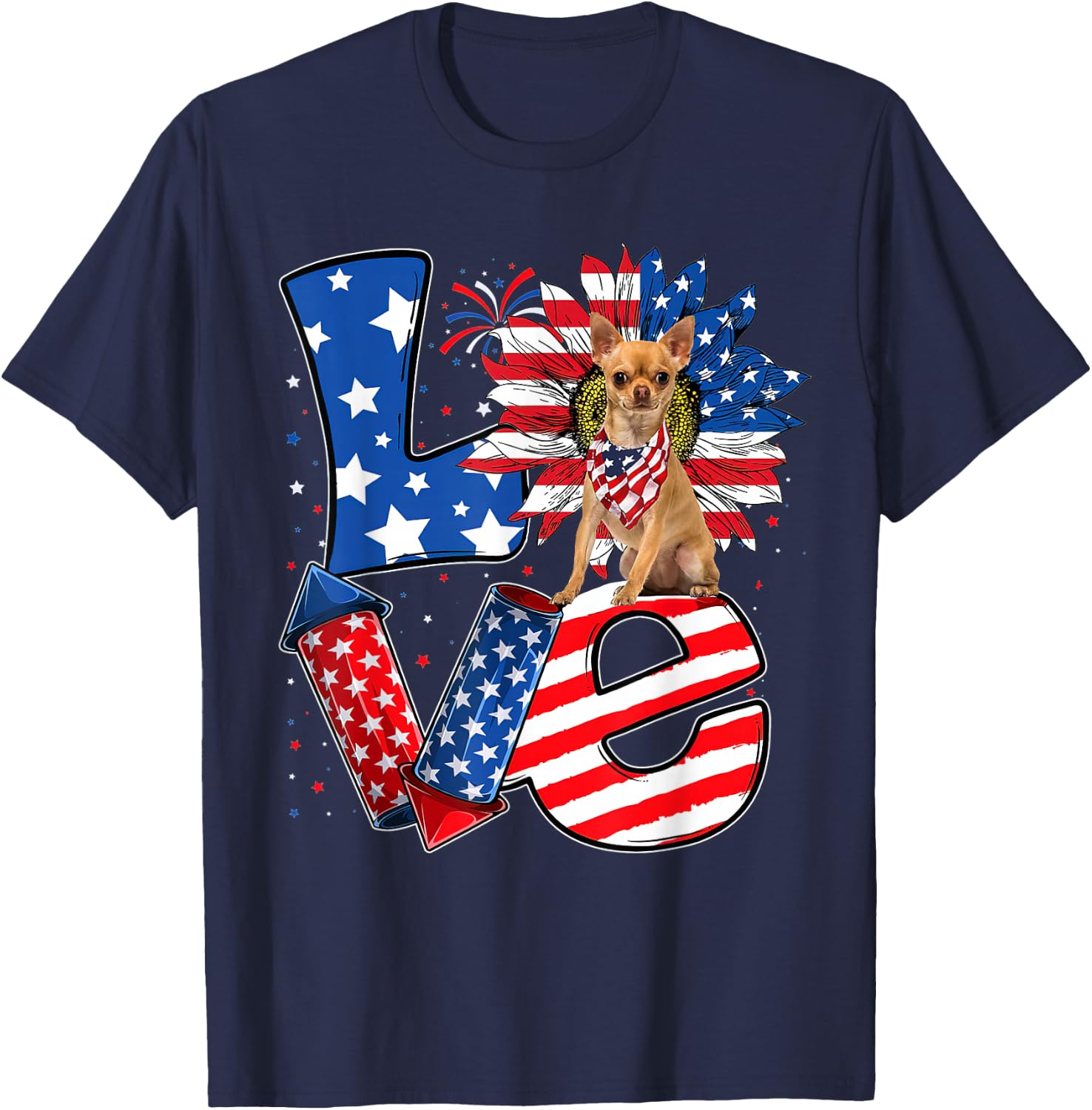 4th of July Decor Patriotic LOVE Chihuahua Dog USA Flag T-Shirt - T-Shirt | Navy