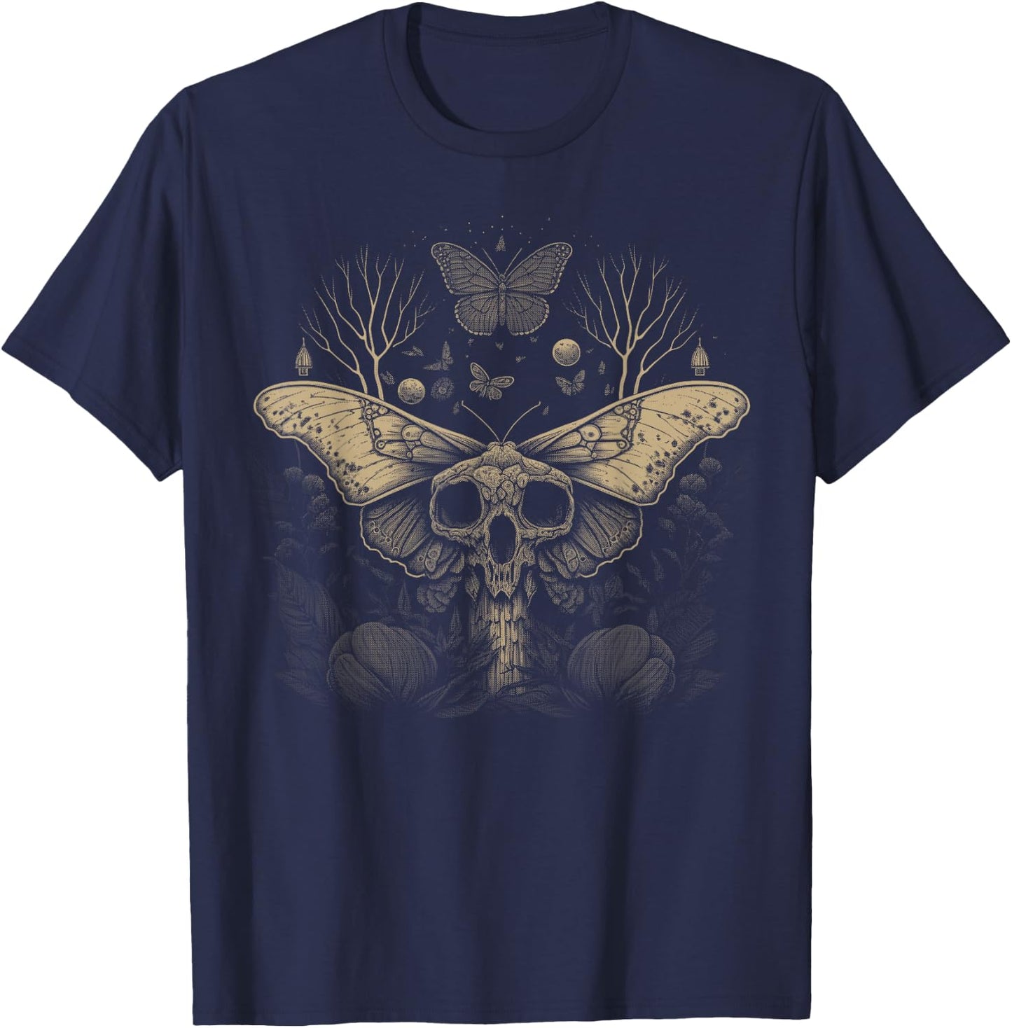 Cute Fairycore Floral Moth Aesthetic Girls Women Graphic T-Shirt - T-Shirt | Navy
