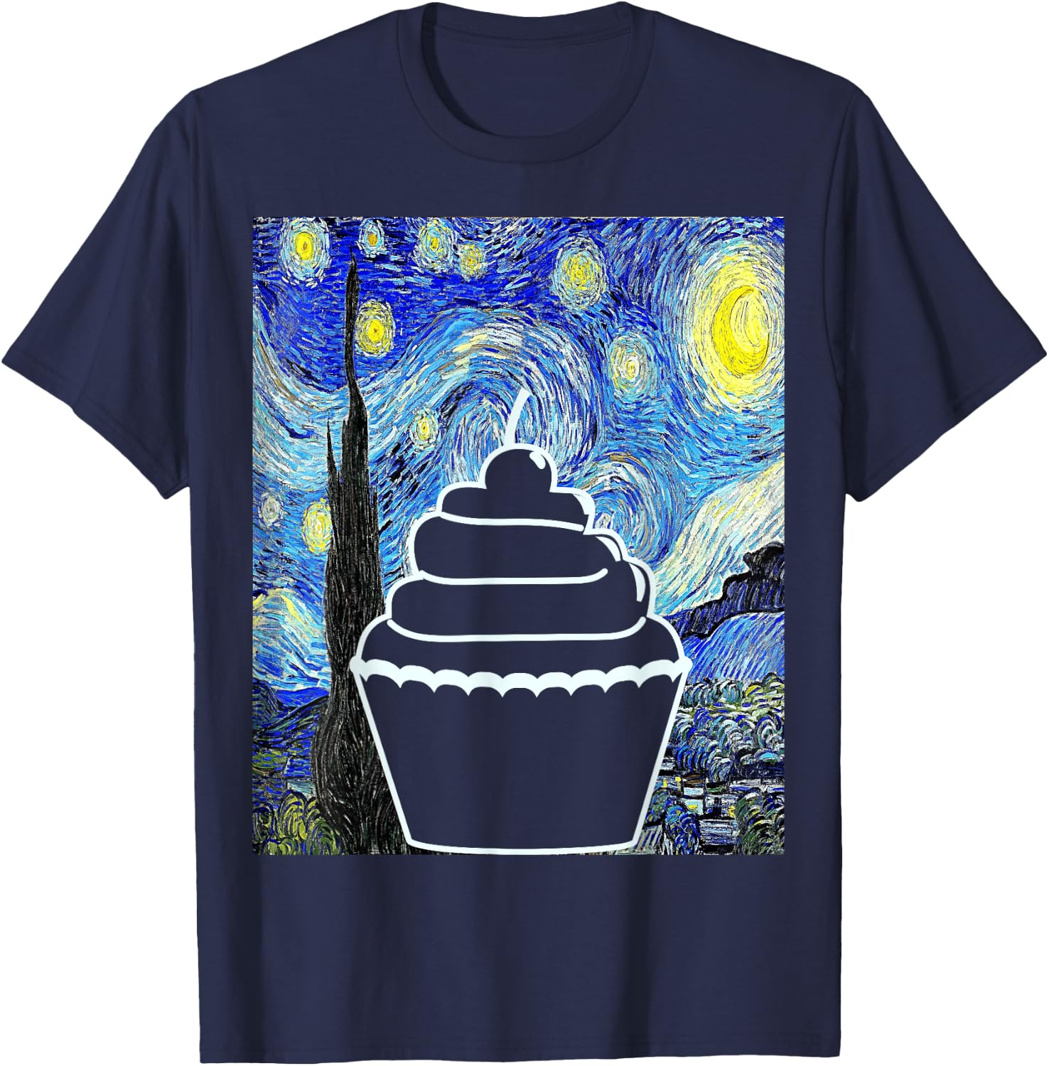 Cupcake Starry Night Cupcake Lover Baking Painting T-Shirt - T-Shirt | Navy